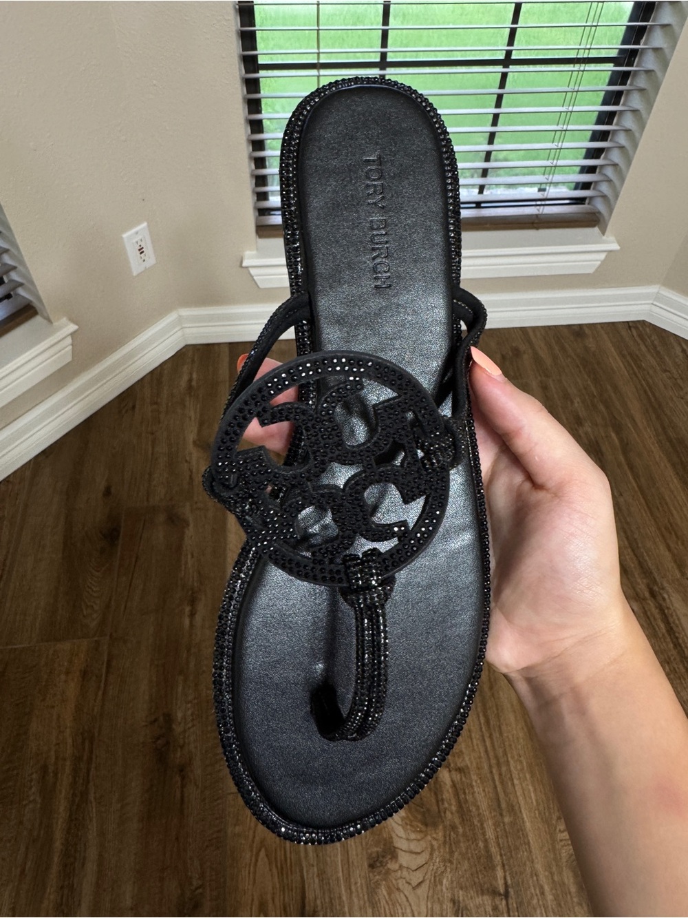 Tory Burch Black Crystal Logo Thong Sandal